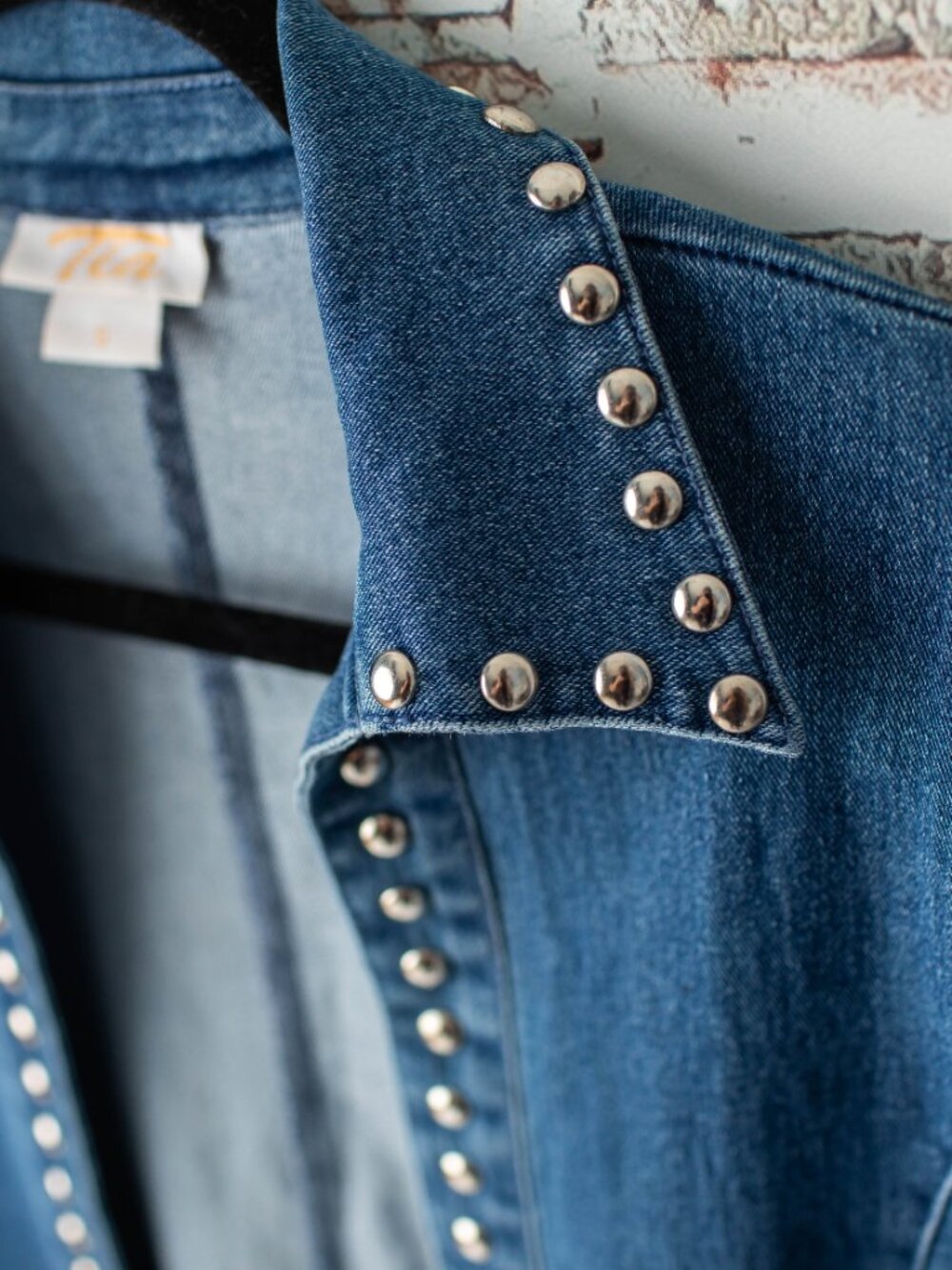 Tia Women's Small Studded Denim Duster Jacket Blue Open Front Stretch 3/4 Sleeve - Picture 5 of 10